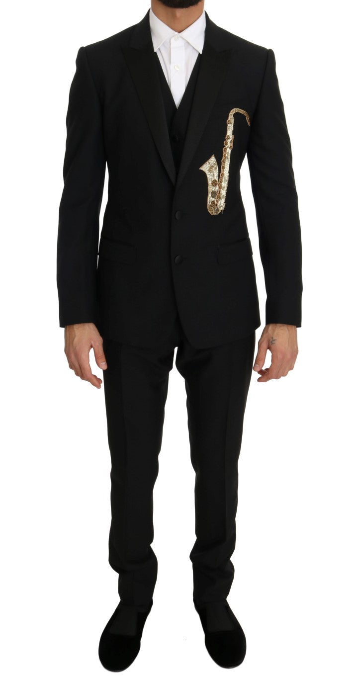 Dolce & Gabbana Elegant Black Three-Piece Suit with Saxophone Embroidery