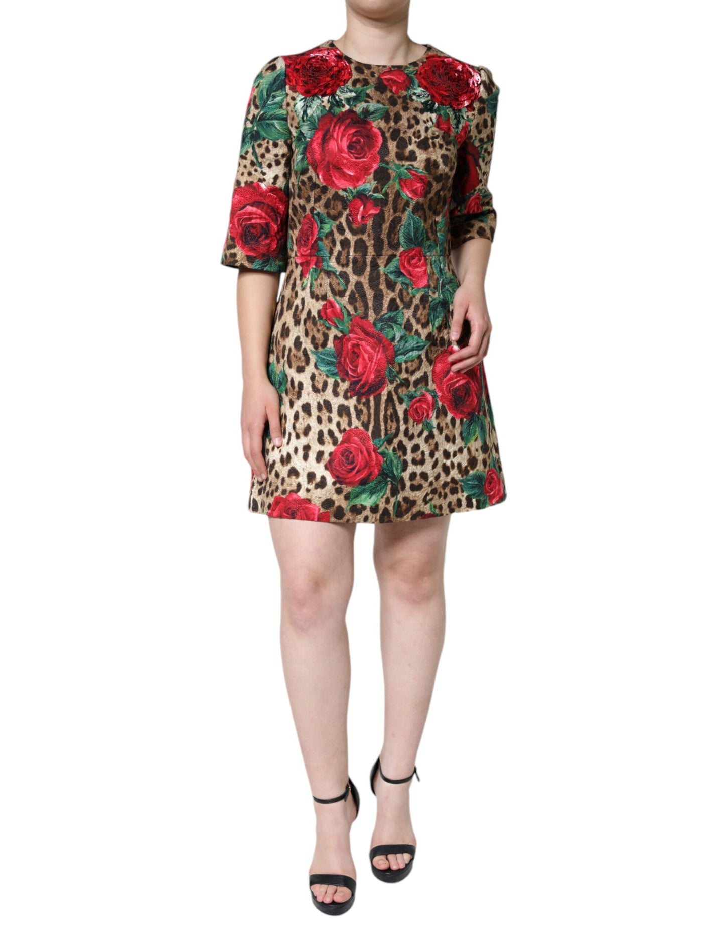 Dolce & Gabbana Brown Leopard Red Roses Cotton A-line Dress