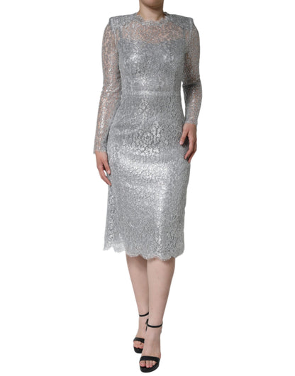 Dolce & Gabbana Silver Floral Lace Bodycon Sheath Midi Dress