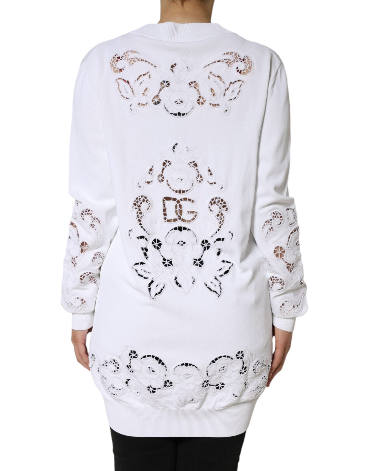 Dolce & Gabbana White Viscose Floral Cut Out Cardigan Sweater