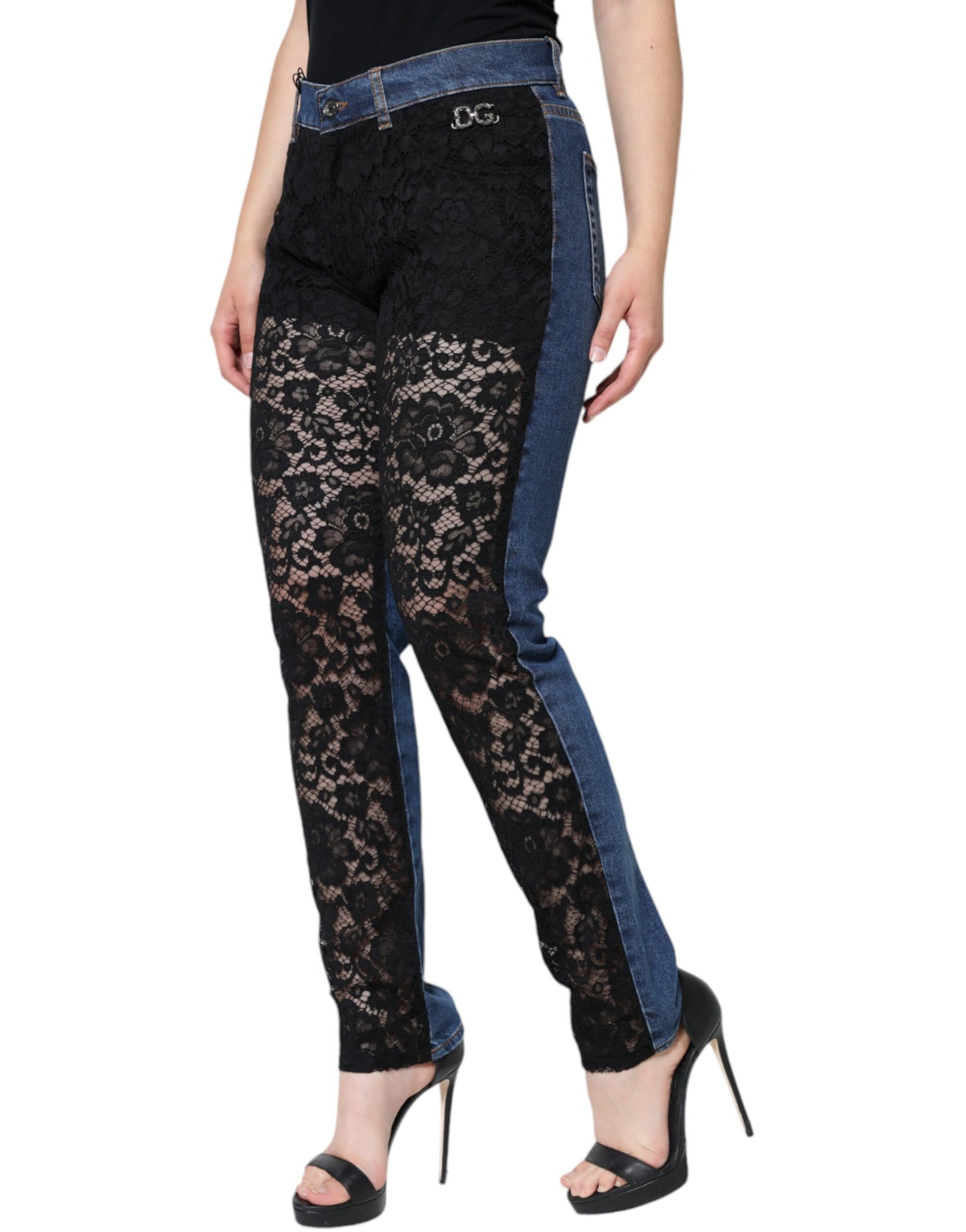 Dolce & Gabbana Black Floral Lace Front Skinny Denim Jeans