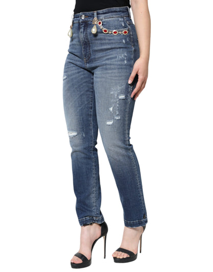 Dolce & Gabbana Dark Blue Cotton Tattered Skinny Denim Jeans