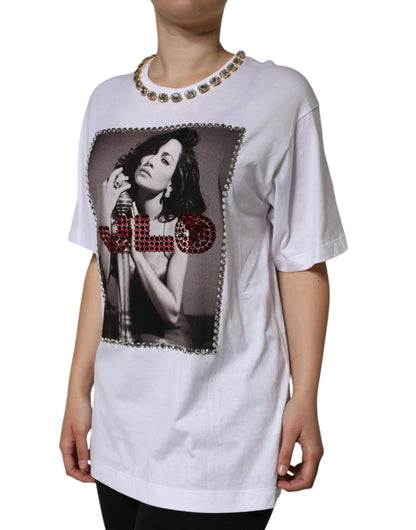 Dolce & Gabbana White Crystal Neckline Embellished Printed T-shirt