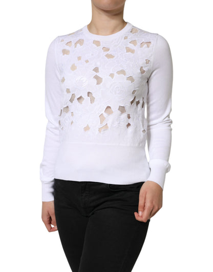 Dolce & Gabbana White Lace Cut Out Long Sleeves Pullover Sweater