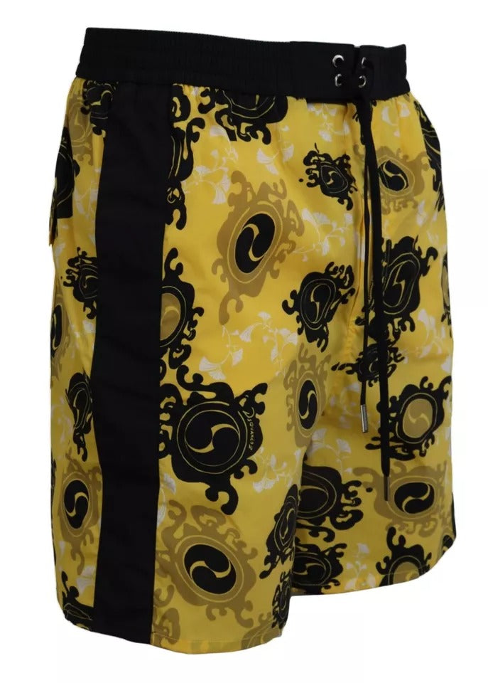 Dsquared² Yellow Black Printed Nylon Beachwear Shorts Swimwear