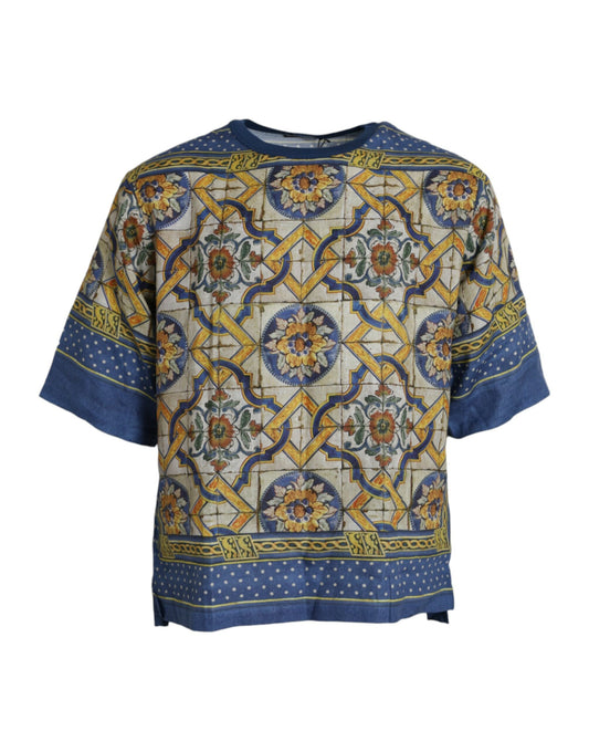 Dolce & Gabbana Multicolor Majolica Linen Short Sleeve T-shirt