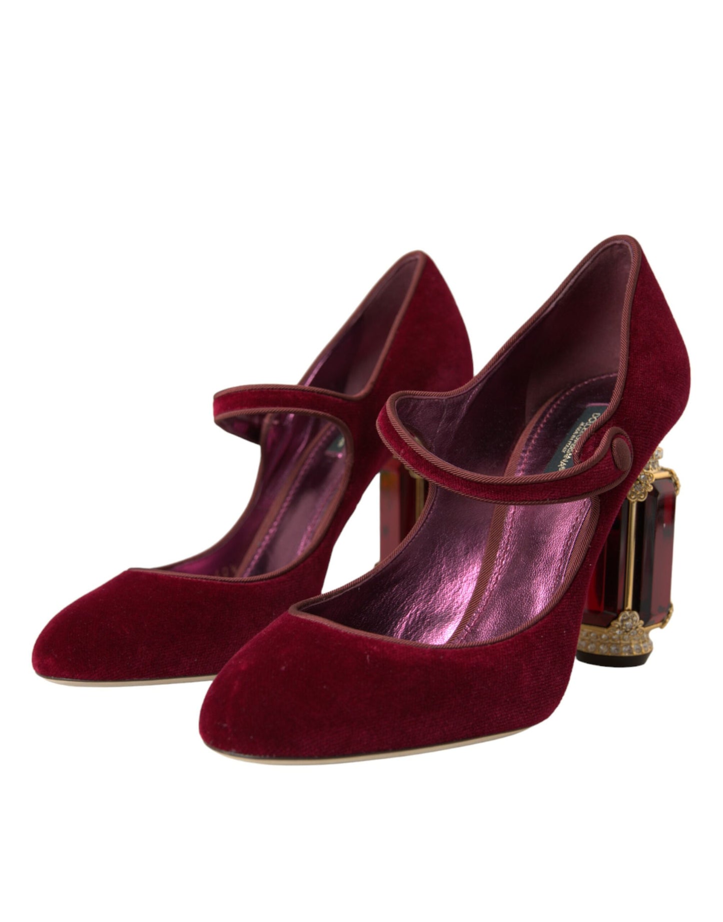 Dolce & Gabbana Red Velvet Gold Crystals Heels Mary Jane Shoes