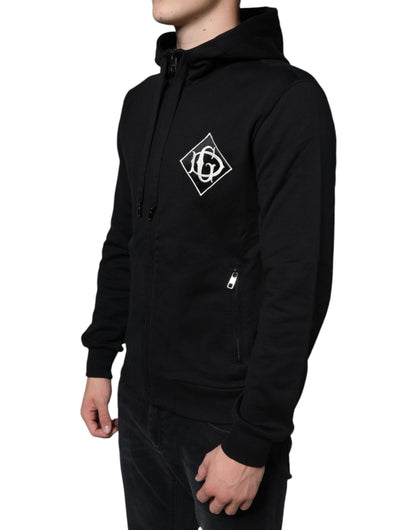 Dolce & Gabbana Black Cotton Hooded Logo Full Zip Sweater