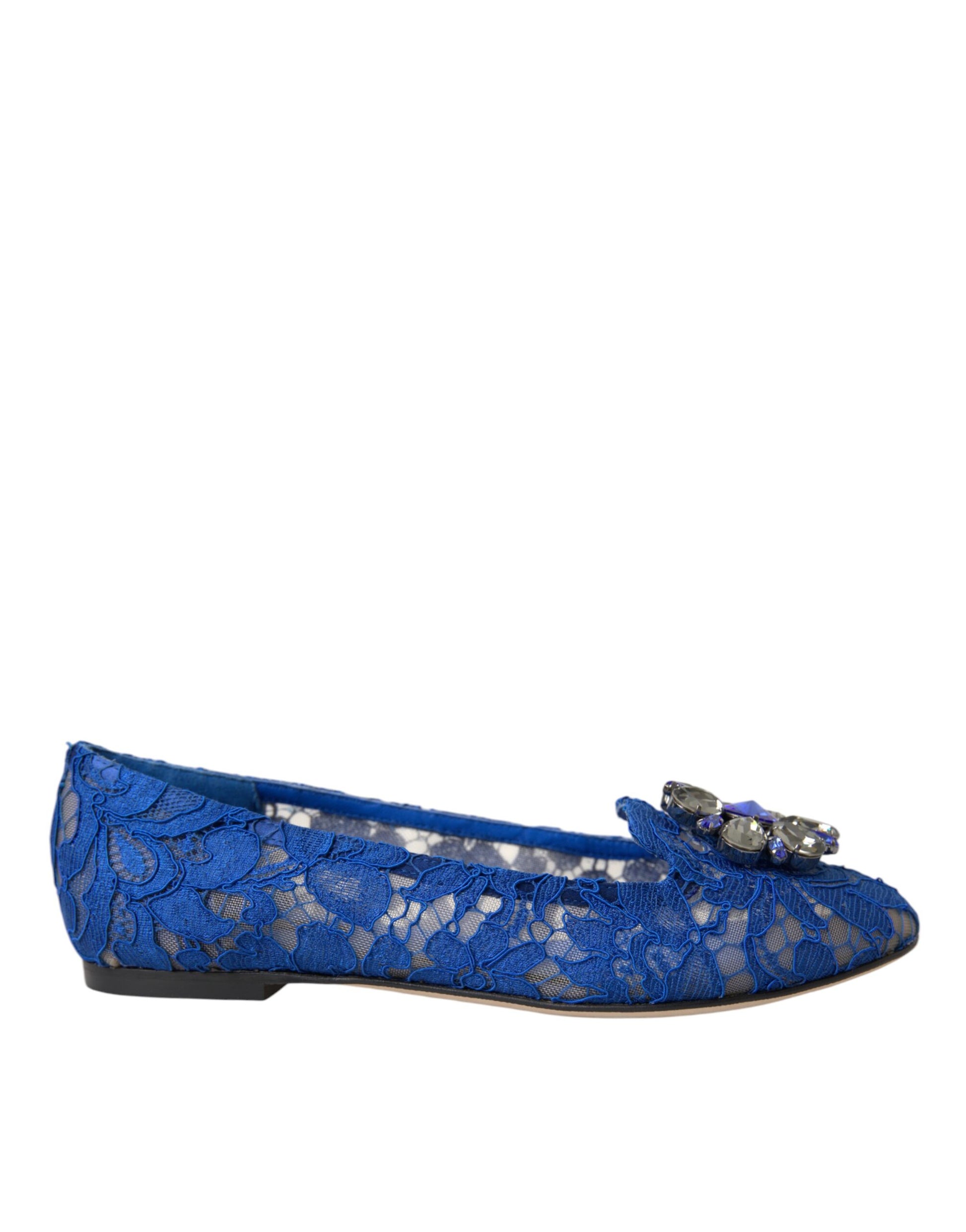 Dolce & Gabbana Blue Lace Crystal Ballet Flats Loafers Shoes