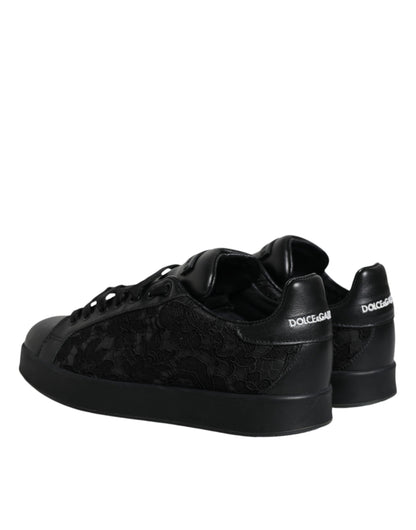 Dolce & Gabbana Black Lace Leather Low Top Sneakers Shoes