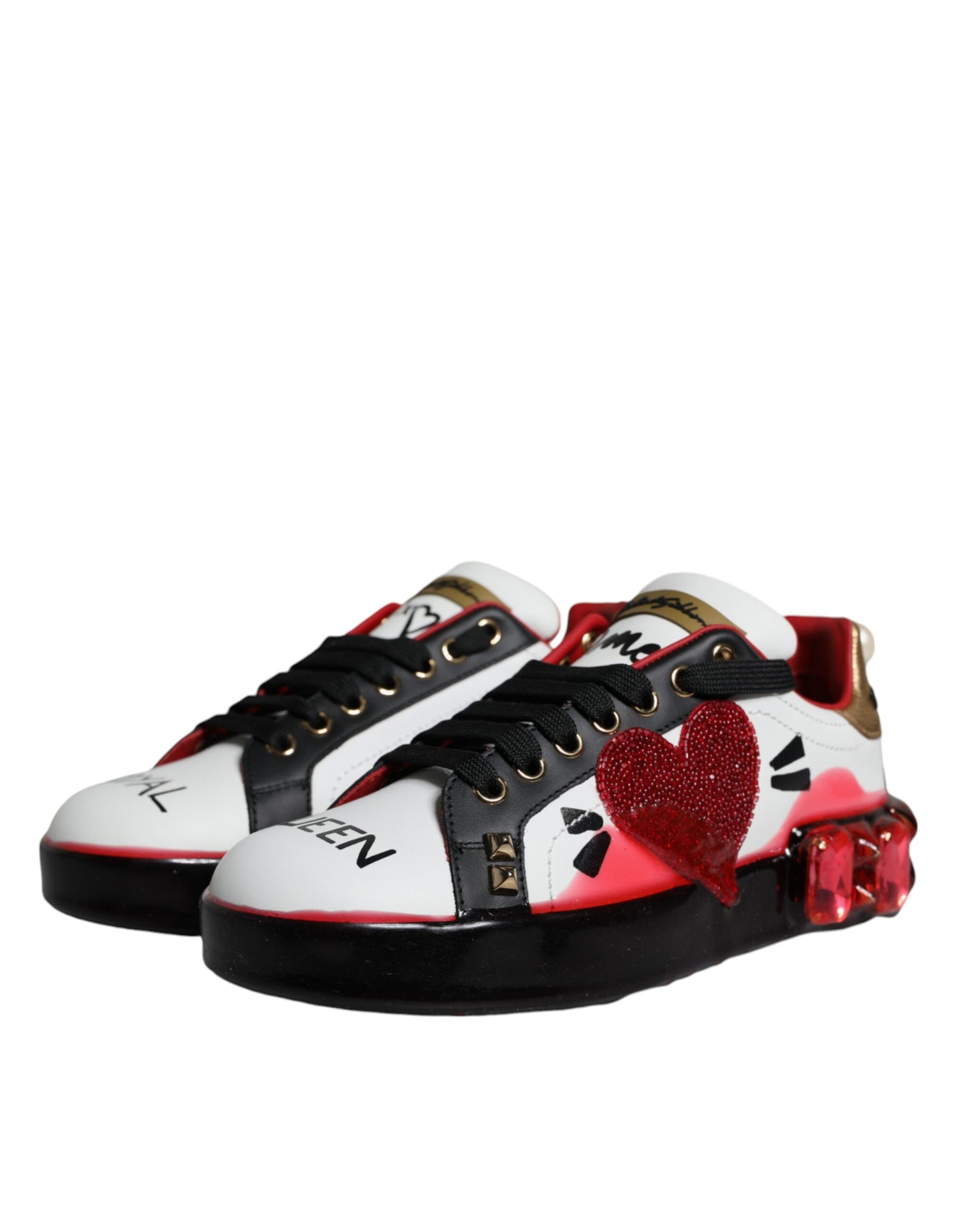 Dolce & Gabbana White Red Crystals Leather Portofino Sneakers Shoes