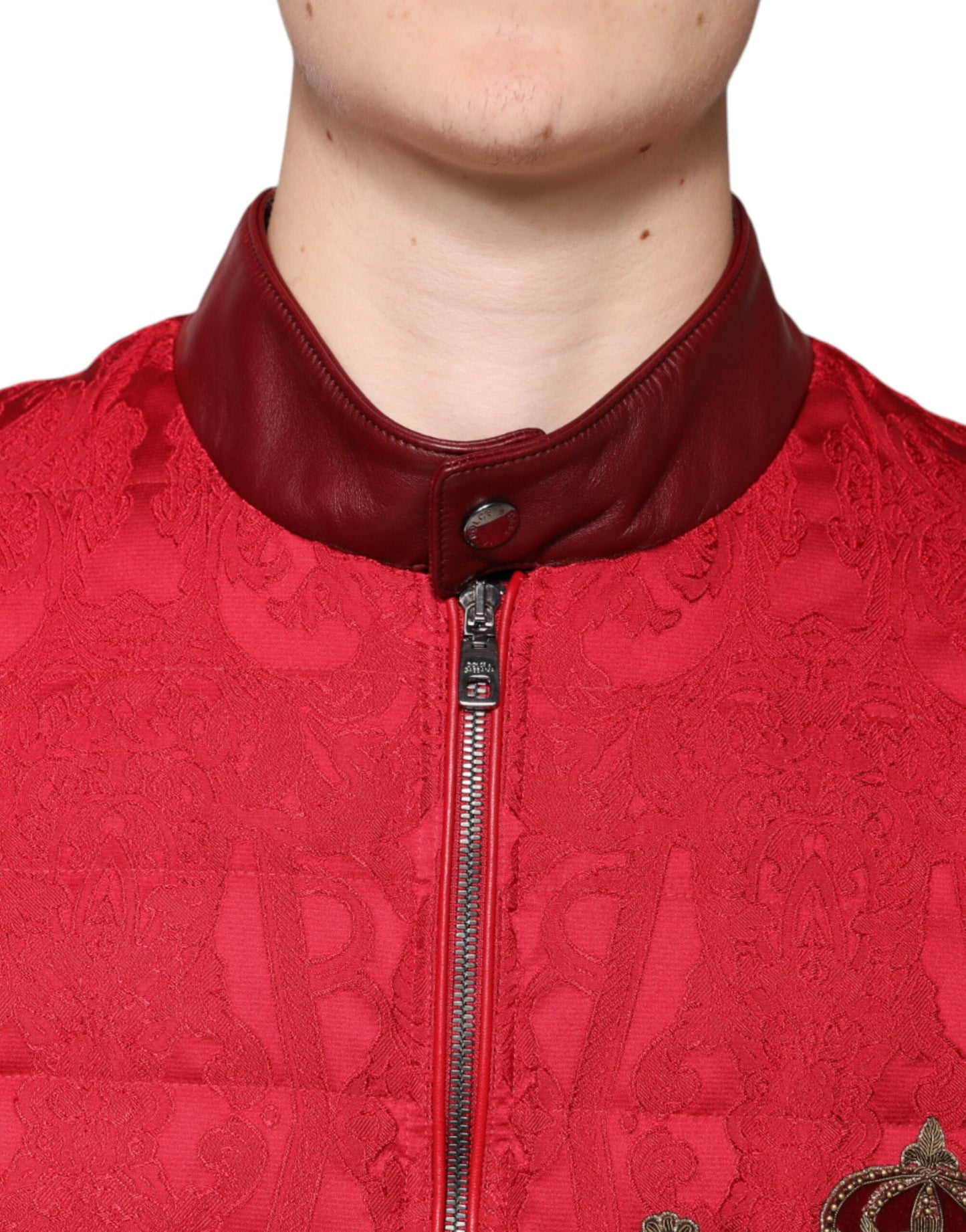 Dolce & Gabbana Red Quilted Bomber Gold Crown Logo Jacket