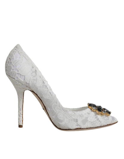 Dolce & Gabbana White Taormina Lace Crystal Heel Pumps Shoes