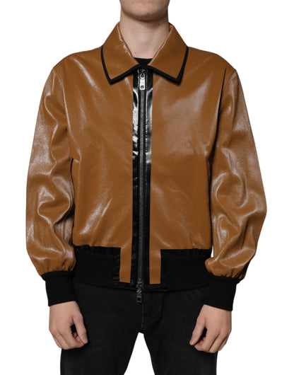 Dolce & Gabbana Brown Leather Full Zip Men Bomber Jacket