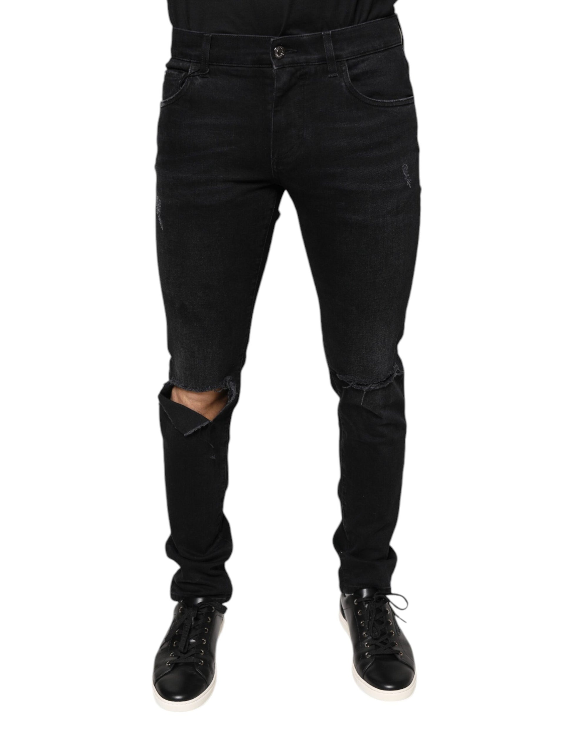 Dolce & Gabbana Black Tattered Cotton Skinny Men Denim Jeans