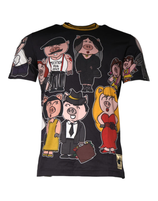 Dolce & Gabbana Black Pig Family Cotton Crew Neck T-shirt