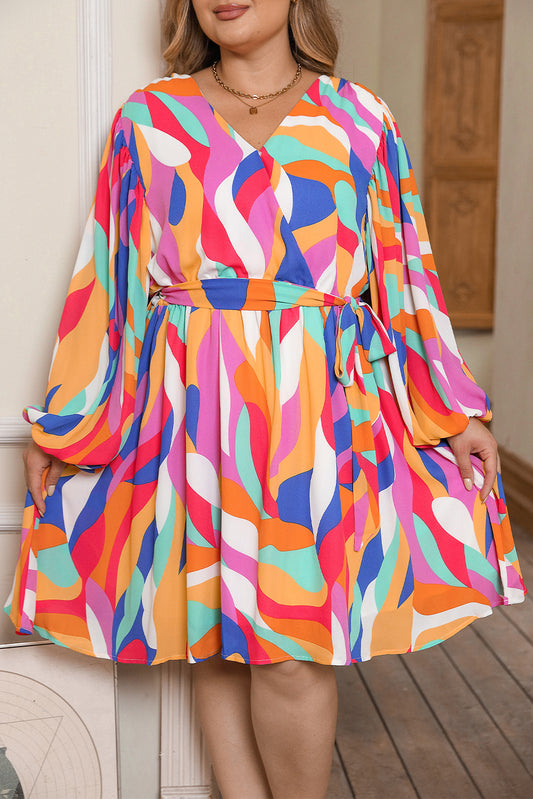 Multicolor Plus Size Abstract Print Oversized Sleeve Belted Dress Multicolor