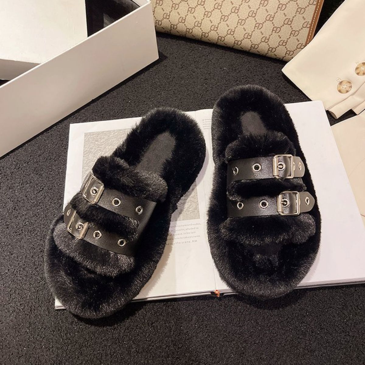 Faux Fur Furry Buckle Slippers Black