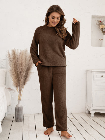 Ivy Lane Teddy Long Sleeve Top and Pants Lounge Set Chocolate