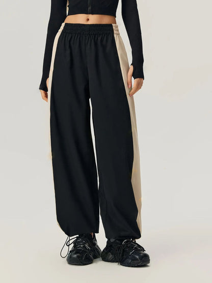 Drawstring Hem Contrast Elastic Waist Pants Black