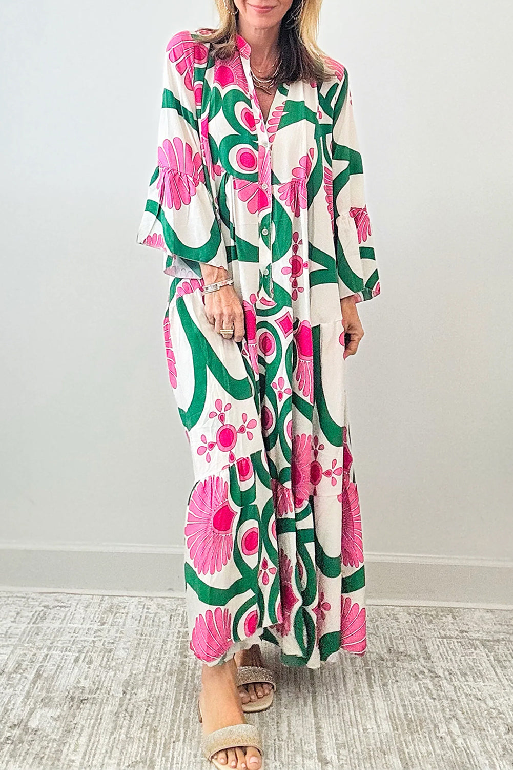 Printed Notched Long Sleeve Maxi Dress Pink