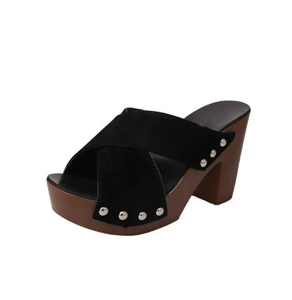 Square High Heel Platform Women's Summer Sandals: Elegant Rivet Pumps Black 6