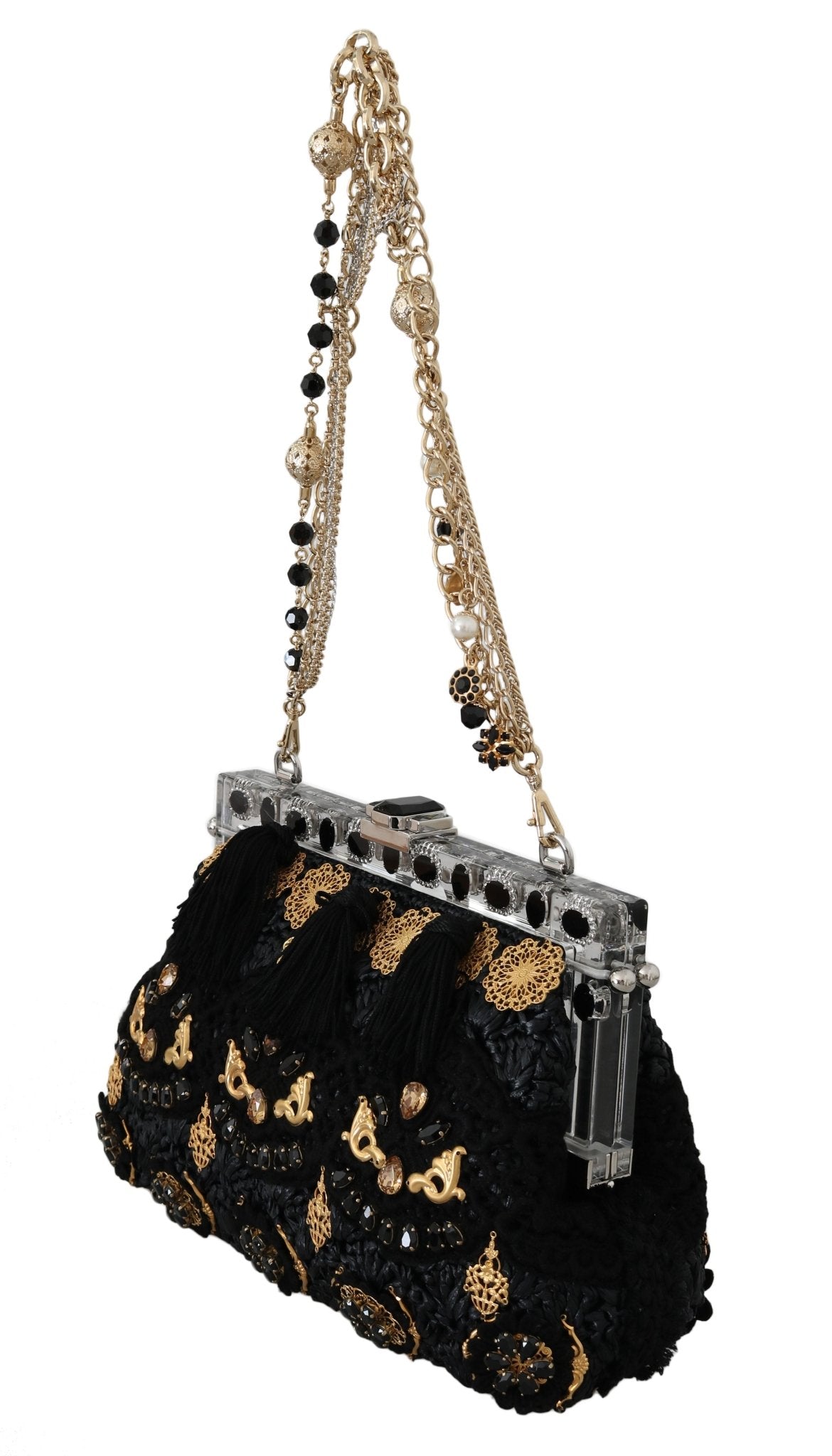 Dolce & Gabbana Black Tassel Gold Baroque Crystal Evening Clutch