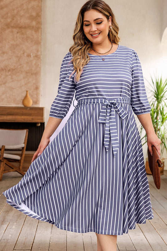 Gray Striped Tie Waist 3/4 Sleeve Plus Size Dress Gray