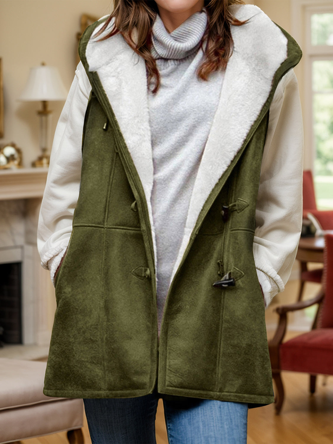 Fuzzy Hooded Vest Coat with Pockets Moss