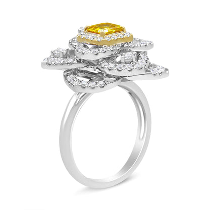 18K White and Yellow Gold 1.75 Cttw Yellow Asscher Lab Grown Center Diamond Floral Cluster Ring (Yellow/G-H Color, VS1-VS2 Clarity)