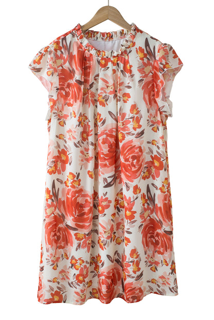 Fiery Red Plus Size Frilled Neck Ruffle Sleeveless Floral Dress