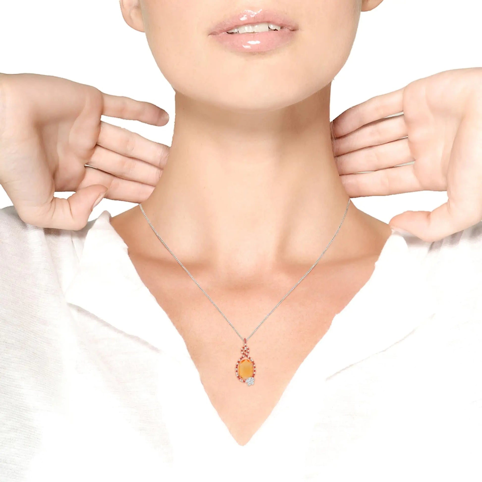 18K Rose Gold 1/5 Cttw Diamond and Oval Yellow Citrine and Round Orange Sapphire Gemstone Openwork Halo Teardrop with Flower Design 18" Pendant Necklace (G-H Color, SI1-SI2 Clarity)