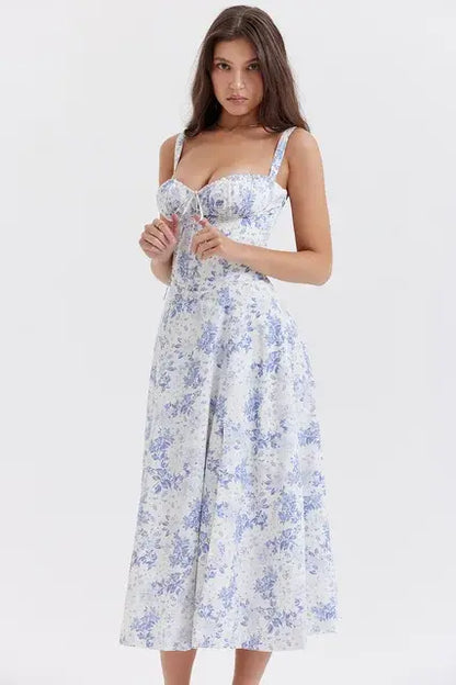 Sleeveless Elegant Flowers Dress Blue Floral M