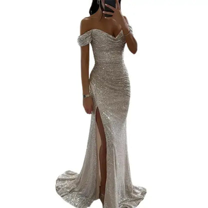 Sequined Elegant Dress Silver M