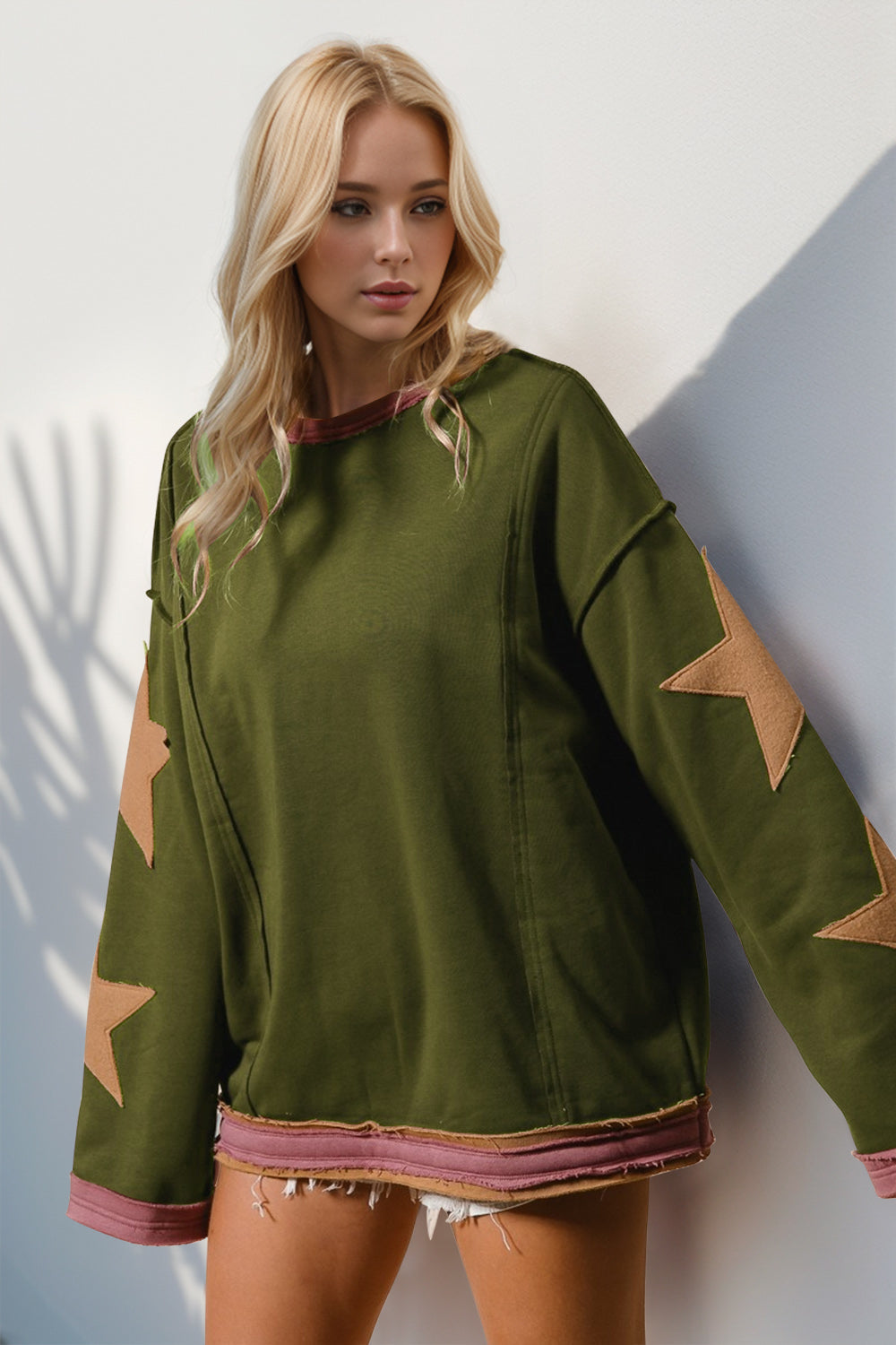 Double Take Star Patched Long Sleeve Sweatshirt Moss