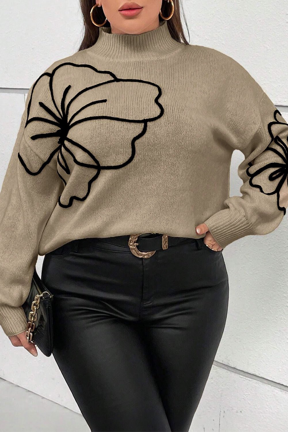 Dark Khaki Plus Size Big Flower Pattern High Neck Drop Shoulder Sweater Dark Khaki