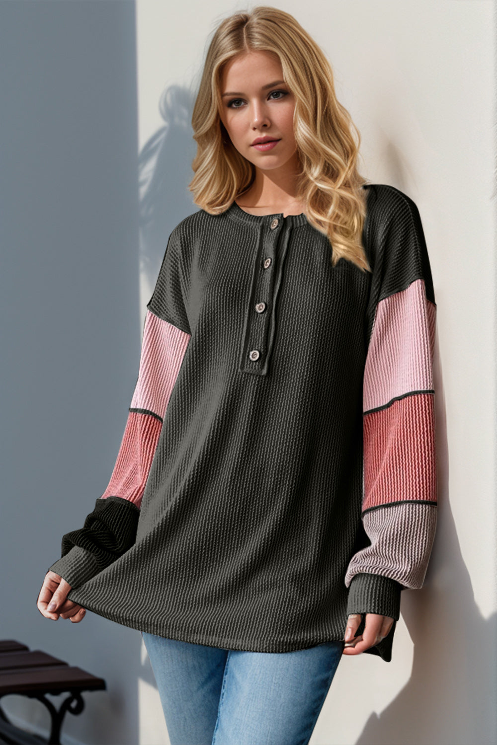 Double Take Full Size Color Block Round Neck Long Sleeve T-Shirt Black