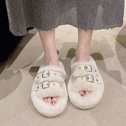 Faux Fur Furry Buckle Slippers Ivory