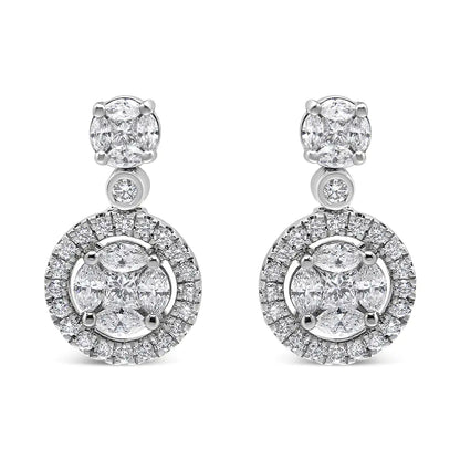 18K White Gold 2.0 Cttw Round Shape Diamond Composite Halo Dangle Stud Earring (F-G Color, VS1-VS2 Clarity)