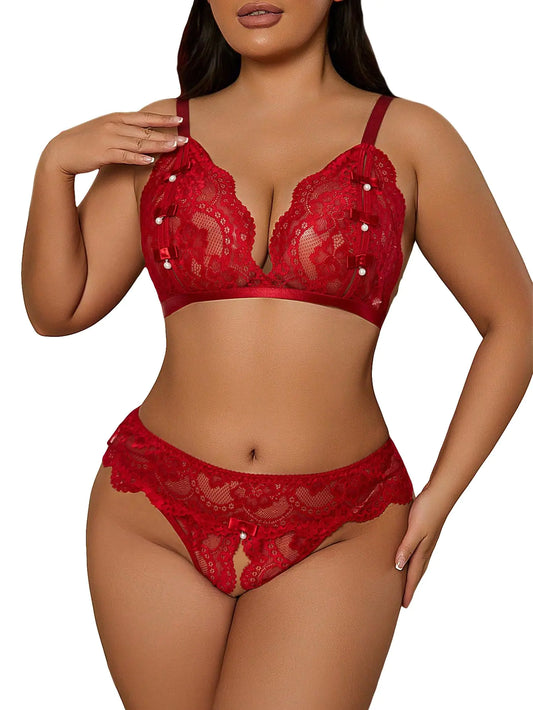 SOLY HUX Lingerie pour femme grande taille, ensemble soutien-gorge et culotte en dentelle transparente, couleur bordeaux uni, taille 2XL