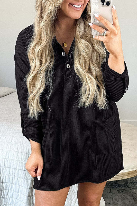 Black Ribbed Knit Buttoned Collared Roll Tab Sleeve Plus Size Mini Dress Black