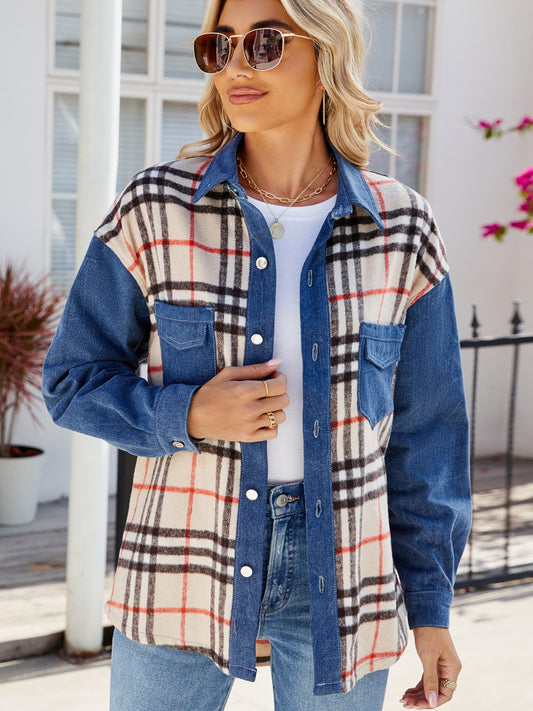 Plaid Long Sleeve Denim Jacket Dusty Blue