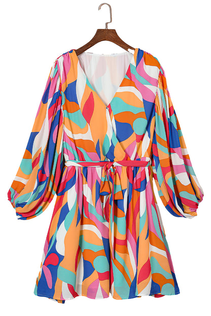 Multicolor Plus Size Abstract Print Oversized Sleeve Belted Dress