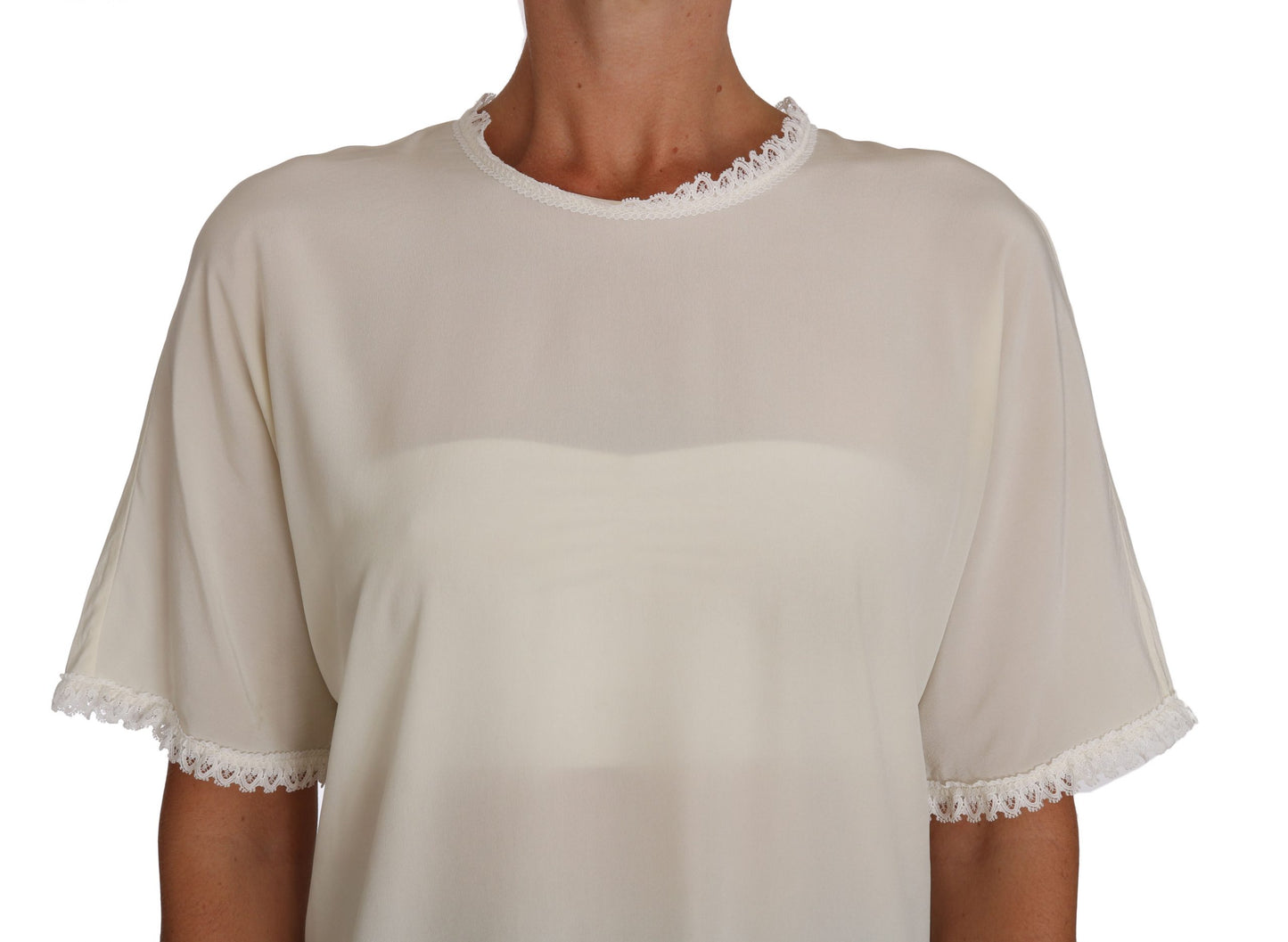 Dolce & Gabbana Cream Silk Lace-Detailed Blouse Top