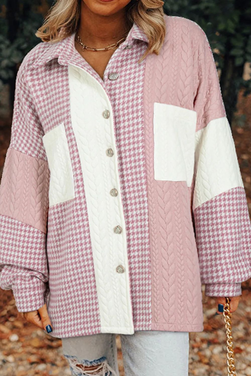 Pocketed Color Block Collared Neck Long Sleeve Jacket Blush Pink