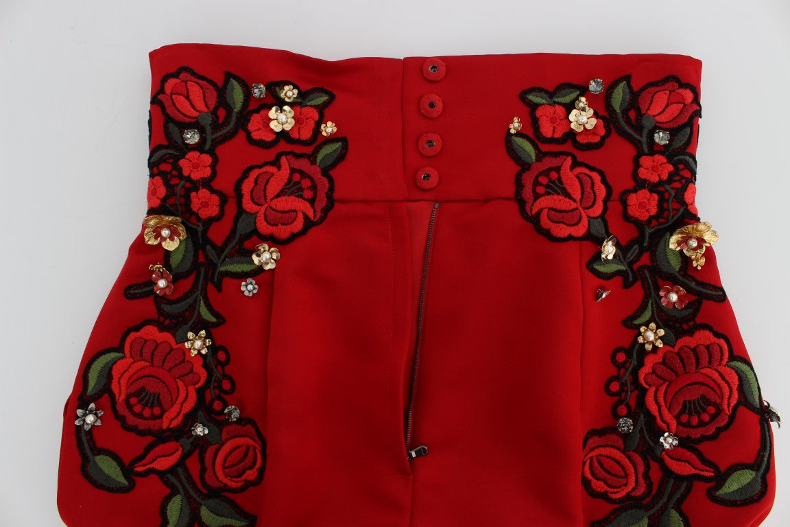 Dolce & Gabbana Red Silk Crystal-Embellished Mini Shorts