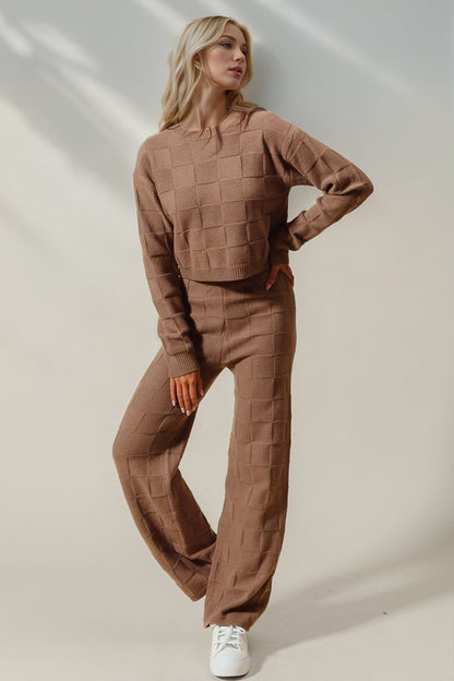 Double Take Full Size Checkered Round Neck Top and Pants Set