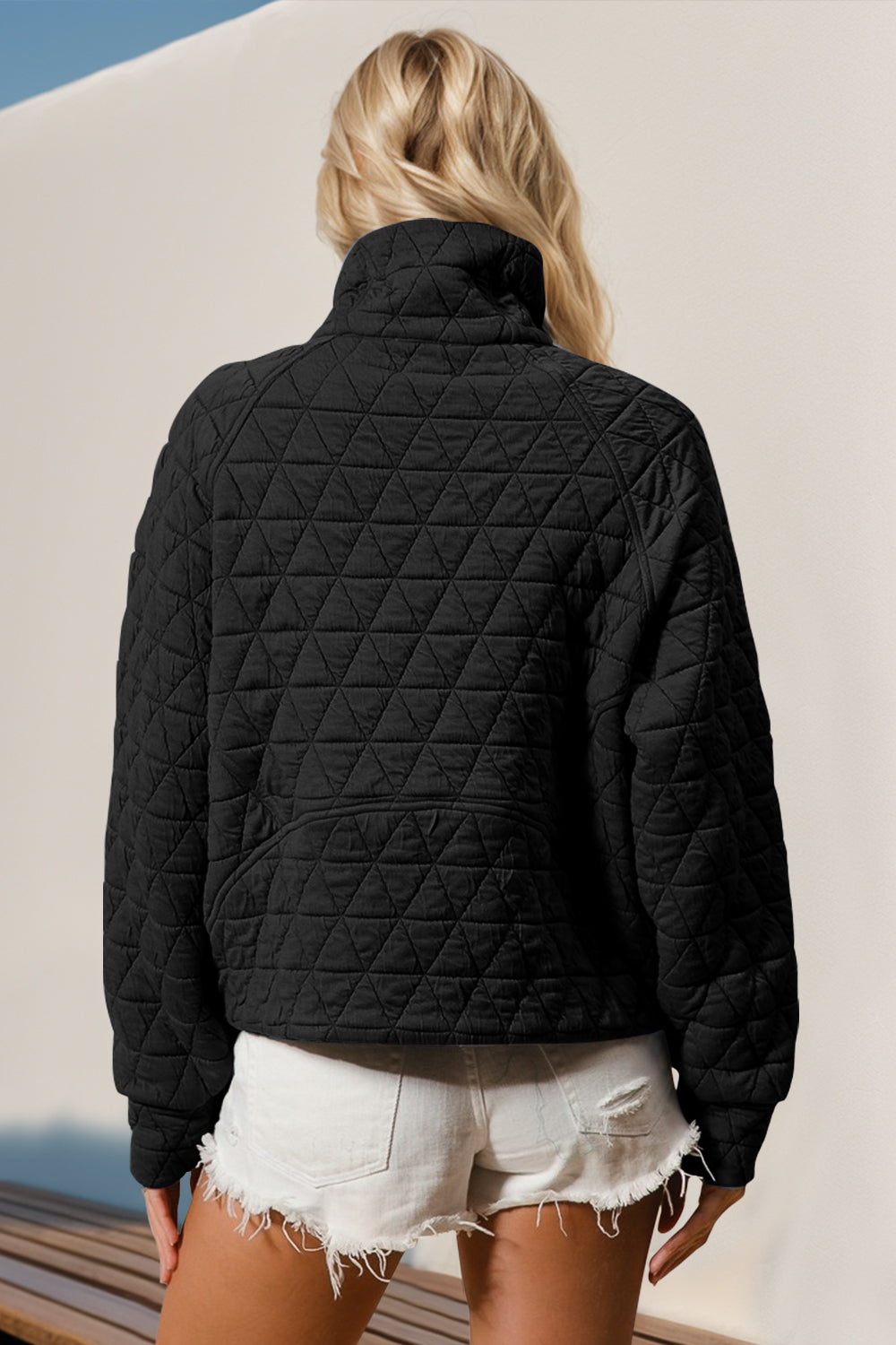 Double Take Half Zip Long Sleeve Quilted Sweatshirt with Pocket