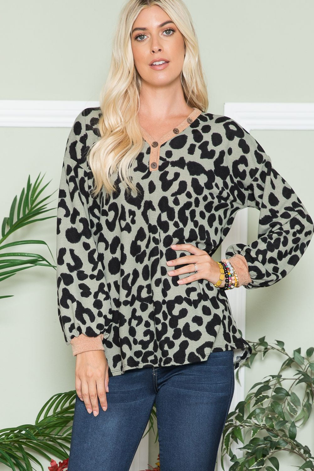 Celeste Full Size Leopard V-Neck Long Sleeve Blouse Olive Leopard