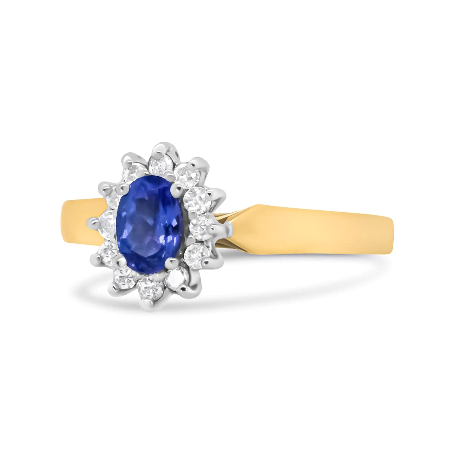14K Yellow Gold 1/5 Cttw Round Diamond and 6x4mm Oval Blue Tanzanite Halo Ring (H-I Color, I1-I2 Clarity)